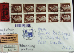 DDR: R-Eil-Brief -eigenh/Rücks- Mit 70 Pf Ulbricht Im 10-er Block Und 10 Pf Aus Schwerin (148) 4.9.90 Knr: 938(10), 3344 - Etichette Di Raccomandazione