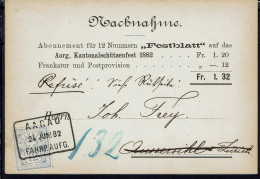 Suisse. Nachnahme. Affranchissement 12 C. Sur Carte D'Abonnement De Aarau Du 24 Juin 1882 Pour Aussersihl. Refusé. B/TB. - Lettres & Documents