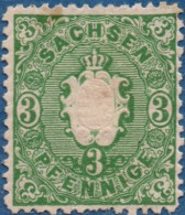 Germany Saxony 1863 Coat Of Arms - 3 Pf Green MH Sachsen, Grosser Papierfalz - Saxony