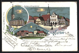 Lithographie Werne A. D. Lippe, Marktplatz Mit Kriegerdenkmal, Pfarrkirche  - Werne