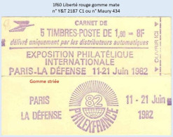 FRANCE - Carnet Gomme Striée - 1f60 Liberté Rouge - YT 2187 C1 / Maury 434 - Moderne : 1959-...