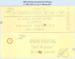 FRANCE - Carnet Conf. 6 - 1f80 Liberté Vert - YT 2375 C1 / Maury 457 - Modernos : 1959-…