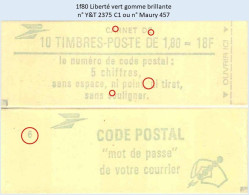 FRANCE - Carnet Conf. 6 - 1f80 Liberté Vert - YT 2375 C1 / Maury 457 - Moderne : 1959-...