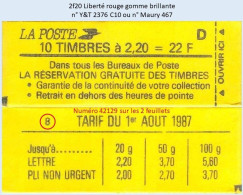 FRANCE - Carnet Conf. 8, Numéro 42129 - 2f20 Liberté Rouge - YT 2376 C10 / Maury 467 - Modernos : 1959-…