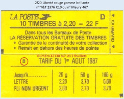 FRANCE - Carnet Conf. 8, Numéro 42130 - 2f20 Liberté Rouge - YT 2376 C10 / Maury 467 - Modernos : 1959-…