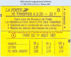 FRANCE - Carnet Conf. 8, RE - 2f20 Liberté Rouge - YT 2376 C10 / Maury 467 - Modernos : 1959-…