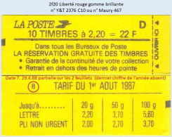 FRANCE - Carnet Conf. 8, Date 7.29.4.88 Partielle - 2f20 Liberté Rouge - YT 2376 C10 / Maury 467 - Moderne : 1959-...