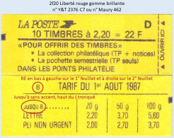 FRANCE - Carnet Conf. 8, RE, Jusqu'à Sans Accent - 2f20 Liberté Rouge - YT 2376 C7 / Maury 462 - Modern : 1959-…
