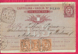 INTERO CARTOLINA-VAGLIA UMBERTO C.10 DA LIRE 3 (CAT. INT.4C)+STRISCIA C. 20- DA "ROMA*7.1.92*FERROVIA" PER MODENA - Postwaardestukken