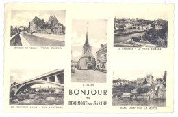 CPSM PF 72 - BEAUMONT Sur SARTHE - Bonjour De Beaumont Sur Sarthe (entrée De Ville, Nouveau Pont, Barrage, Eglise...) - Beaumont Sur Sarthe