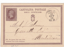 REGNO - ITALIA - ACQUI (AL) INTERO POSTALE C. 10 - VIAGGIATA PER MOMBALDONE ( ASTI) 1875 - Postwaardestukken