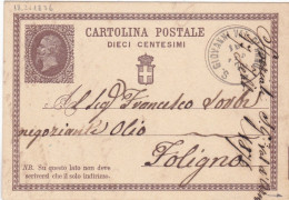 REGNO - ITALIA - S.GIOVANNI VAL DARNO (AREZZO) INTERO POSTALE C. 10 - VIAGGIATA PER FOLIGNO (PERUGIA) 1876 - Postwaardestukken