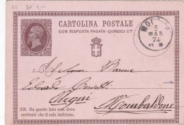 REGNO - ITALIA - MODENA - INTERO POSTALE  CON RISPOSTA PAGATA - C. 15 - VIAGGIATA PER MOMBALDONE (ASTI)-1874 - Postwaardestukken