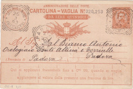 REGNO - ITALIA -  MURISENGO (AL) CARTOLINA - VAGLIA  C.20 DA LIRE 15 - VIAGGIATA PER PADOVA - 1893 - Postwaardestukken