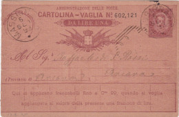 REGNO - ITALIA -  MASSIGNANO (AP) CARTOLINA - VAGLIA  C.10 DA LIRE 1 - VIAGGIATA PER ANCONA - 1893 - Postwaardestukken