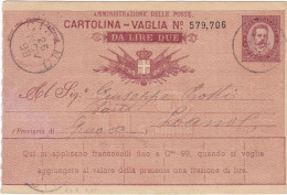 REGNO - ITALIA - CISANO () CARTOLINA - VAGLIA  C.10 DA LIRE 2 - VIAGGIATA PER LOANO (SV) - 1893 - Postwaardestukken