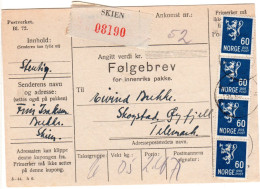 Norwegen 1944, MeF 4er-Streifen 60 öre Auf Paketkarte V. SKIEN - Briefe U. Dokumente