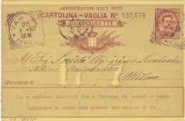REGNO - ITALIA - VARESE - CARTOLINA - VAGLIA  C.15 DA LIRE 7 - VIAGGIATA PER MILANO - 1893 - Postwaardestukken