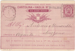 REGNO - ITALIA - PATERNO ( AQ- CARTOLINA - VAGLIA  C.15 DA LIRE 10 - VIAGGIATA PER AVEZZANO (AQ) - 1893 - Postwaardestukken