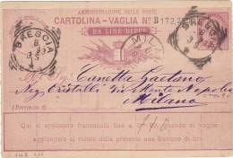 REGNO - ITALIA - BRESCIA - CARTOLINA - VAGLIA  C.15 DA LIRE 10 - VIAGGIATA PER MILANO - 1893 - Postwaardestukken