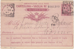 REGNO - ITALIA - LA SPEZIA - CARTOLINA - VAGLIA  C.15 DA LIRE 10 - VIAGGIATA PER TORINO - 1894 - Postwaardestukken