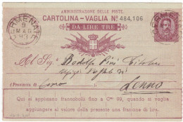 REGNO - ITALIA - CERMENATE (CO)  CARTOLINA - VAGLIA  C.10 DA LIRE 3 - VIAGGIATA PER LENNO (CO)  1893 - Postwaardestukken