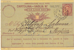 REGNO - ITALIA - TORINO - CARTOLINA - VAGLIA  C.15 DA LIRE 6 - VIAGGIATA PER MESSINA  1894 - Postwaardestukken