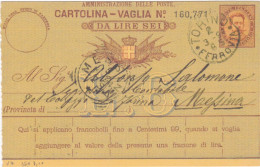 REGNO - ITALIA - TORINO - CARTOLINA - VAGLIA  C.15 DA LIRE 6 - VIAGGIATA PER MESSINA  1894 - Postwaardestukken