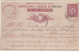 REGNO - ITALIA - PALERMO - CARTOLINA - VAGLIA  C.10 DA LIRE 4 - VIAGGIATA PER MILANO -  1892 - Postwaardestukken