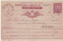 REGNO - ITALIA - BISENTI (TERAMO)- CARTOLINA - VAGLIA  C.10 DA LIRE 4 - VIAGGIATA PER VICENZA -  1893 - Postwaardestukken