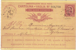REGNO - ITALIA - GENOVA - CARTOLINA - VAGLIA  C.10 DA LIRE 5 - VIAGGIATA PER MILANO -  1892 - Postwaardestukken
