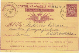 REGNO - ITALIA - BONIFATI (CS) - CARTOLINA - VAGLIA  C.10 DA LIRE 5  - VIAGGIATA PER CASTROVILLARI (CS) - 1892 - Postwaardestukken