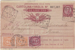 REGNO - ITALIA - ROMA - CARTOLINA - VAGLIA  C.10 DA LIRE 3 - FR.LLO 2 DA C.20 + C. 10  - VIAGGIATA PER ROMA - 1893 - Postwaardestukken