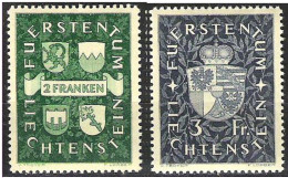 Liechtenstein 1939: Freimarke Wappen (2 Fr.) Zu 147-148 Mi 183-184 Yv 158-159 * Falzspur MLH (Zumstein CHF 35.00 -50%) - Nuevos