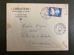 LETTRE LIBERATION Hebdomadaire De L'Aude TP De SEVIGNE 15F OBL.2-12 1950 CARCASSONNE RP AUDE (11) - First Flight Covers