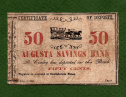 USA Note CIVIL WAR Augusta Savings Bank GEORGIA 1861 Pay 50 Cents In CONFEDERATE Notes COVERED WAGON - Divisa Confederada (1861-1864)