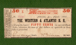 USA Note CIVIL WAR ERA The Western & Atlantic R. R. 50 Cents 1862 Atlanta, Georgia Red-Train N.3840 - Valuta Della Confederazione (1861-1864)