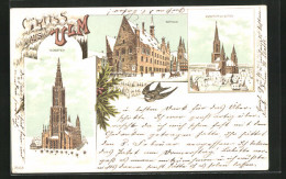 Winter-Lithographie Ulm, Rathaus, Münster Von Osten, Schwalbe  - Ulm