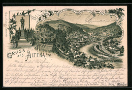 Lithographie Altena I /W., Teilansicht Mit Schloss U. Krieger-Denkmal, Bismarck-Denkmal  - Altena