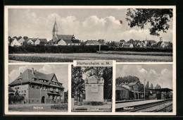 AK Hattersheim A. M., Bahnhof, Rathaus, Panorama  - Hattersheim