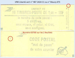 FRANCE - Carnet Conf. 8, Numéro 63700 - 1f90 Liberté Vert - YT 2424 C1 / Maury 473 - Moderne : 1959-...