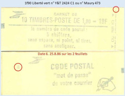FRANCE - Carnet Conf. 8, Date 6.25.8.86 - 1f90 Liberté Vert - YT 2424 C1 / Maury 473 - Modern : 1959-…