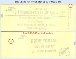 FRANCE - Carnet Conf. 8, Date 6.25.8.86 - 1f90 Liberté Vert - YT 2424 C1 / Maury 473 - Modernos : 1959-…