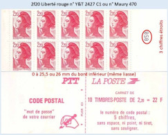 FRANCE - Carnet 3 Chiffres étroits - 2f20 Liberté Rouge - YT 2427 C1 / Maury 470 - Moderne : 1959-...
