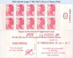 FRANCE - Carnet 2 Chiffres Larges, Papier Légèrement Rosé - 2f20 Liberté Rouge - YT 2427 C1b / Maury 470a - Moderne : 1959-...