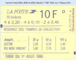 FRANCE - Carnet Mixte - 0f10, 0f40 Et 2f20 Liberté - YT 1501 / Maury 472 - Modern : 1959-…