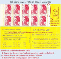 FRANCE - Carnet Numéro 045xx, Découpe Bord Sup Lég. En Biais - 2f20 Liberté Rouge - YT 2427 C2 / Maury 471a - Modern : 1959-…