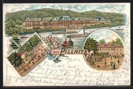 Lithographie Pillnitz / Dresden, Schlossrestaurant & Schloss, Wache, Elbe, Dampfer  - Pillnitz