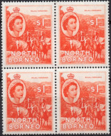 NORTH BORNEO/1955/MNH/SC#275/ QUEEN ELIZABETH II / QEII / BANJAU HORSEMEN / 1$ ORANGE / BLOCK OF 4 - Borneo Del Nord (...-1963)