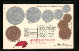 AK Marokko, Geld-Münzen Und Nationalflagge  - Monnaies (représentations)